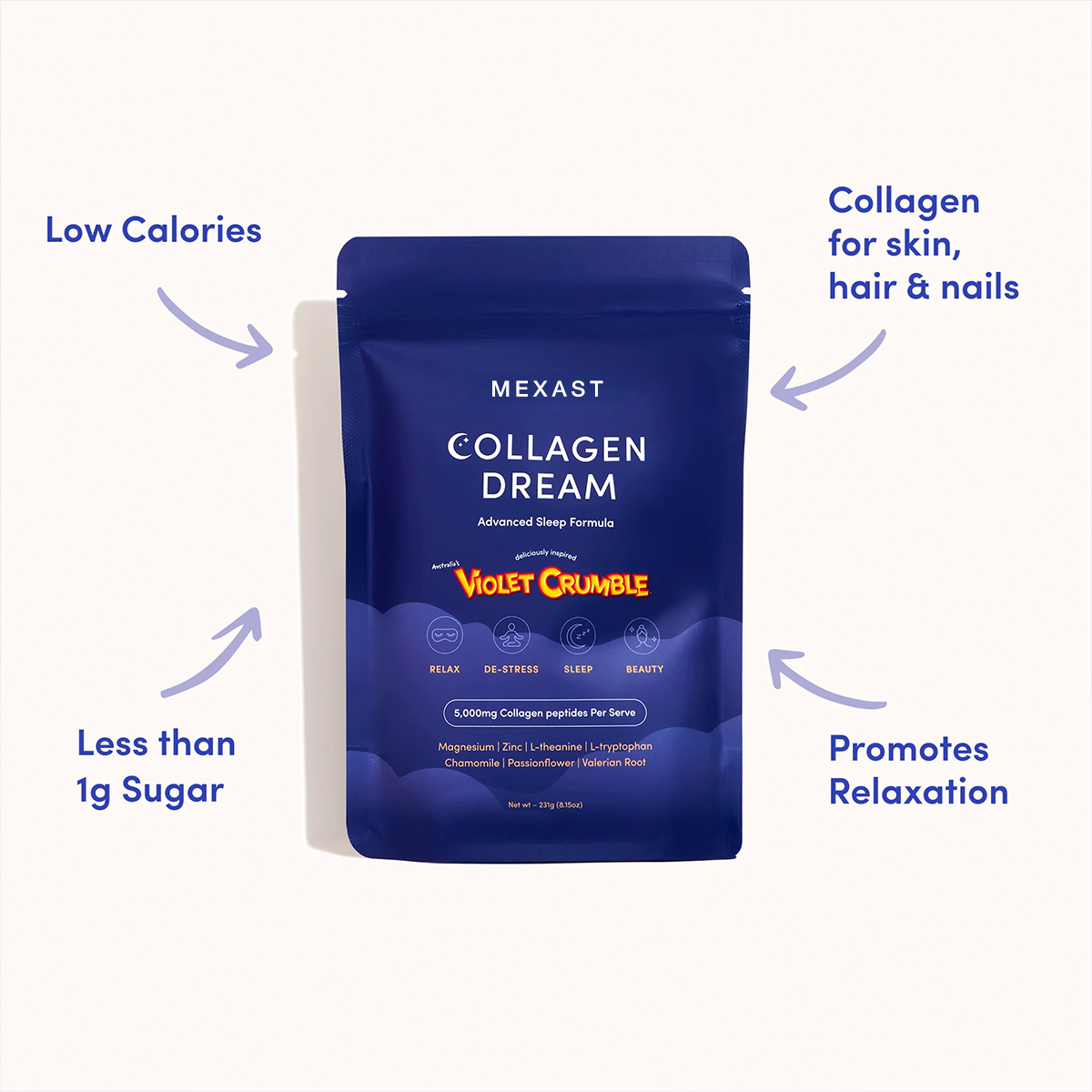 MEXAST® Violet Crumble Collagen Dream Advanced Sleep Formula Hot Chocolate - 231g